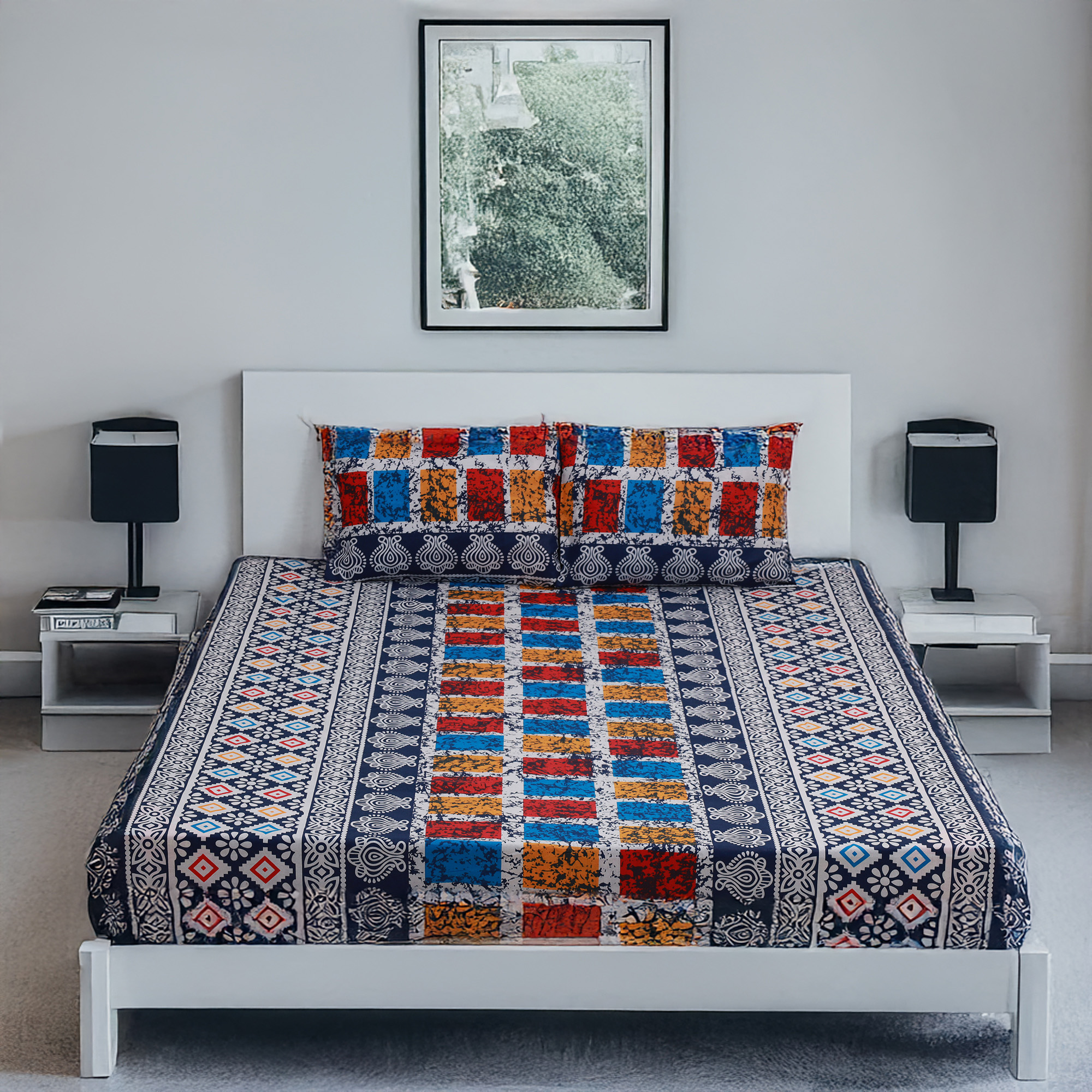 King Size Premium Bed Sheet 88" x 98" with 2 Pillow Covers | Multicolor & Shaped Motif Print on Blue