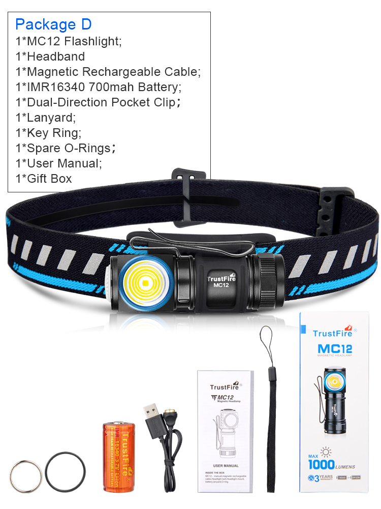 TrustFire MC12 EDC Powerful LED Flashlight 1000Lumens Magnetic Rechargeable Head Lamp XP-L HI Camping Torch Flash Light. 