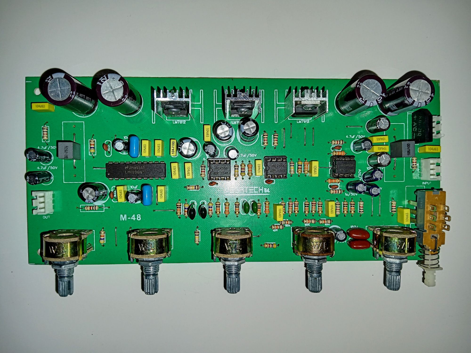 LM1036N IC used the best quality 3 way tone control circuit board with sound buster switch.