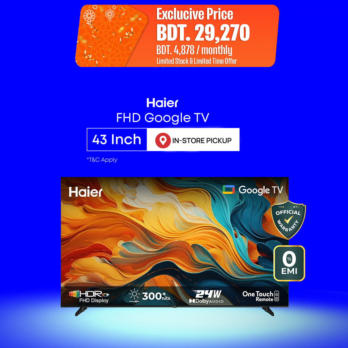 Haier 43 Inch FHD Google TV - H43K85FFX with Official Warranty