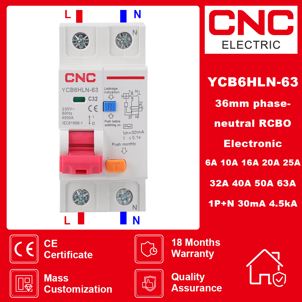 CNC 230V 50/60 HZ RCBO MCB 30mA Residual Current Circuit Breaker With Over Current And Leakage Protection 6/10/16/20/25/32/40 A. 
