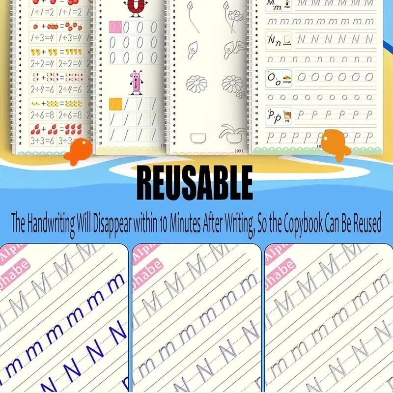 Reusable English Writing Practice Book for Kids Wipe Clean Magic Copybook with Stickers Parental Guidance Interactive Learning. 
