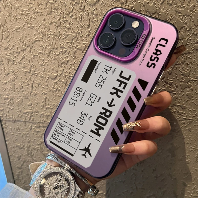 Plane Ticket Label Electroplated Phone Case For iPhone 11 12 13 14 15 Pro Max XS X XR 7 8 Plus SE 2 2020 Shockproof Bumper Cover. 