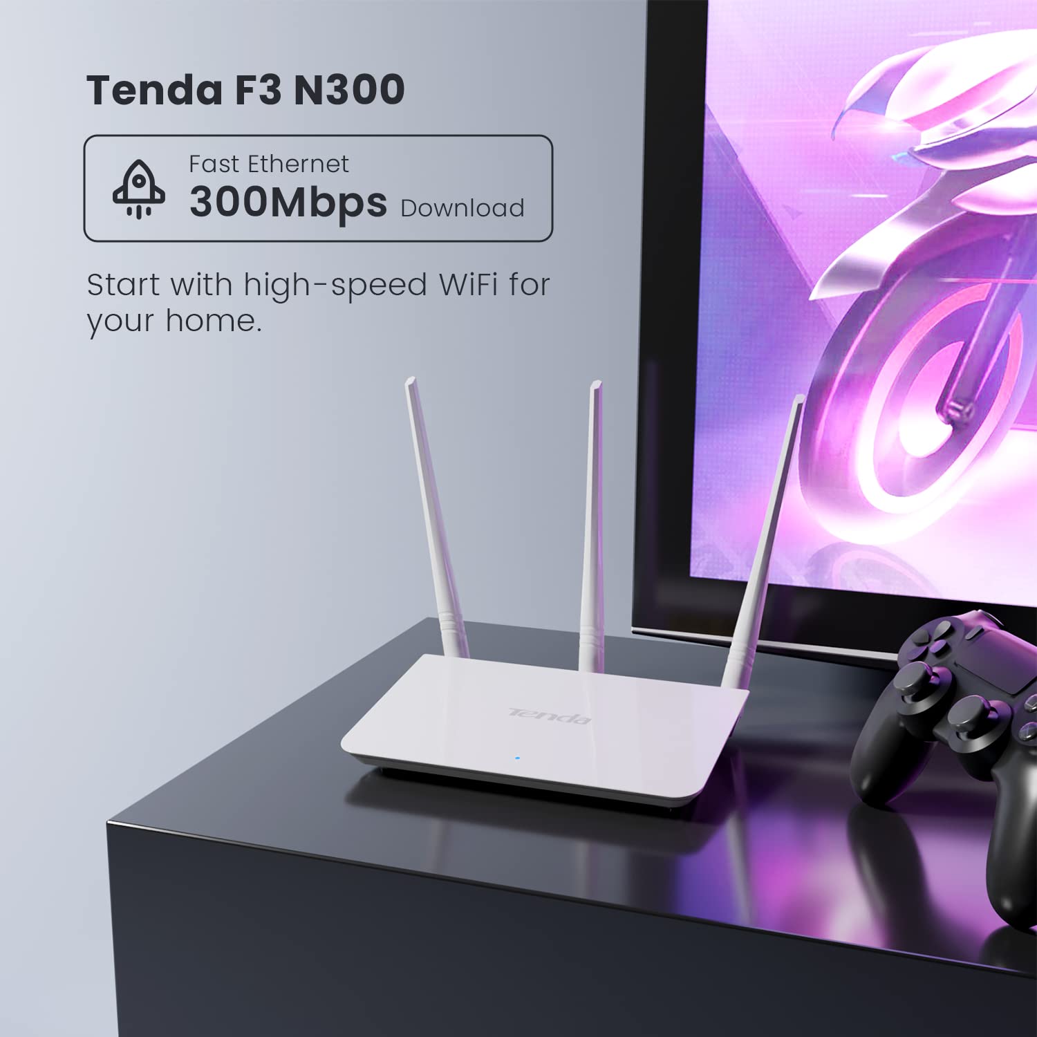 Tenda F3 wifi router has 300 mbps wireless speed, 3x 5dBi external antenna, WPS / reset button, support WPA / WPA2 / WPA-PSK/WPA2-PSK security mechanism to enhance security level, 2.4GHz frequency, DHCP server support, DC 9V 600mA. 