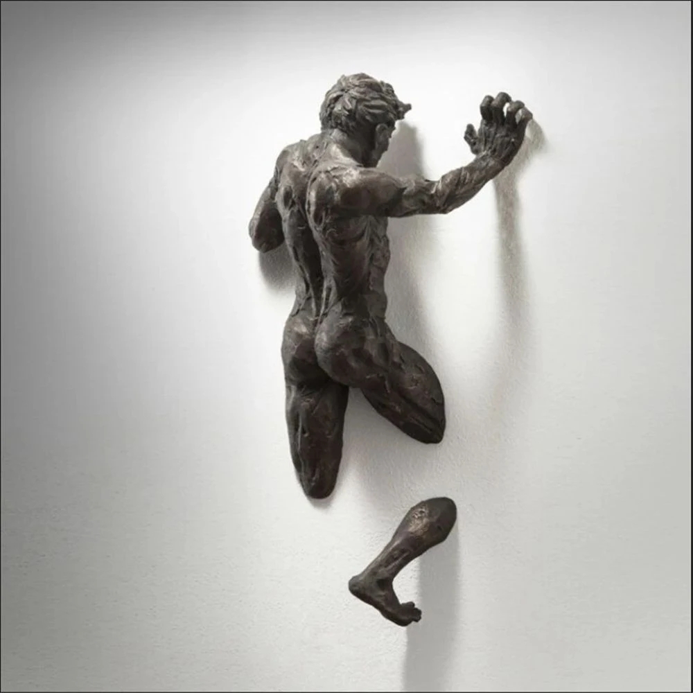 New Imitation Copper Wall Decor Abstract Character Resin Rock Climbing Man Statue Sculpture Background Wall Art 3D Through Wall