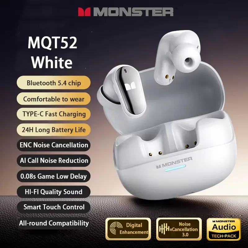 Monster MQT52 New TWS Gaming Headset Wireless Bluetooth 5.4 HIFI Stereo Music Earphones Talking Noise Canceling Earbuds with Mic