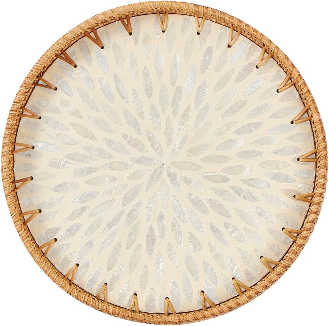 Round Rattan Tray with Mother of Pearl Inlay Rattan Serving Tray Wooden Base Storage and Display of Coffee Bread Food Fruit. 