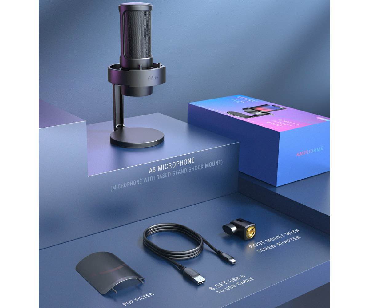FIFINE AmpliGame A8 Gaming Microphone, USB PC Mic for Streaming, Podcasts, Recording, Condenser Computer Desktop Mic on Mac/PS4/PS5, with RGB Control, Mute Touch, Headphone Jack, Pop Filter, Stand. 