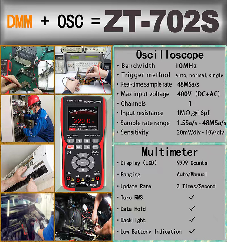 ZOYI ZT-702S 2 in 1 Handheld Digital Automotive Oscilloscope Multimeter, Single Channel 10MHZ Bandwidth,64Kbyte Record Length,48. 