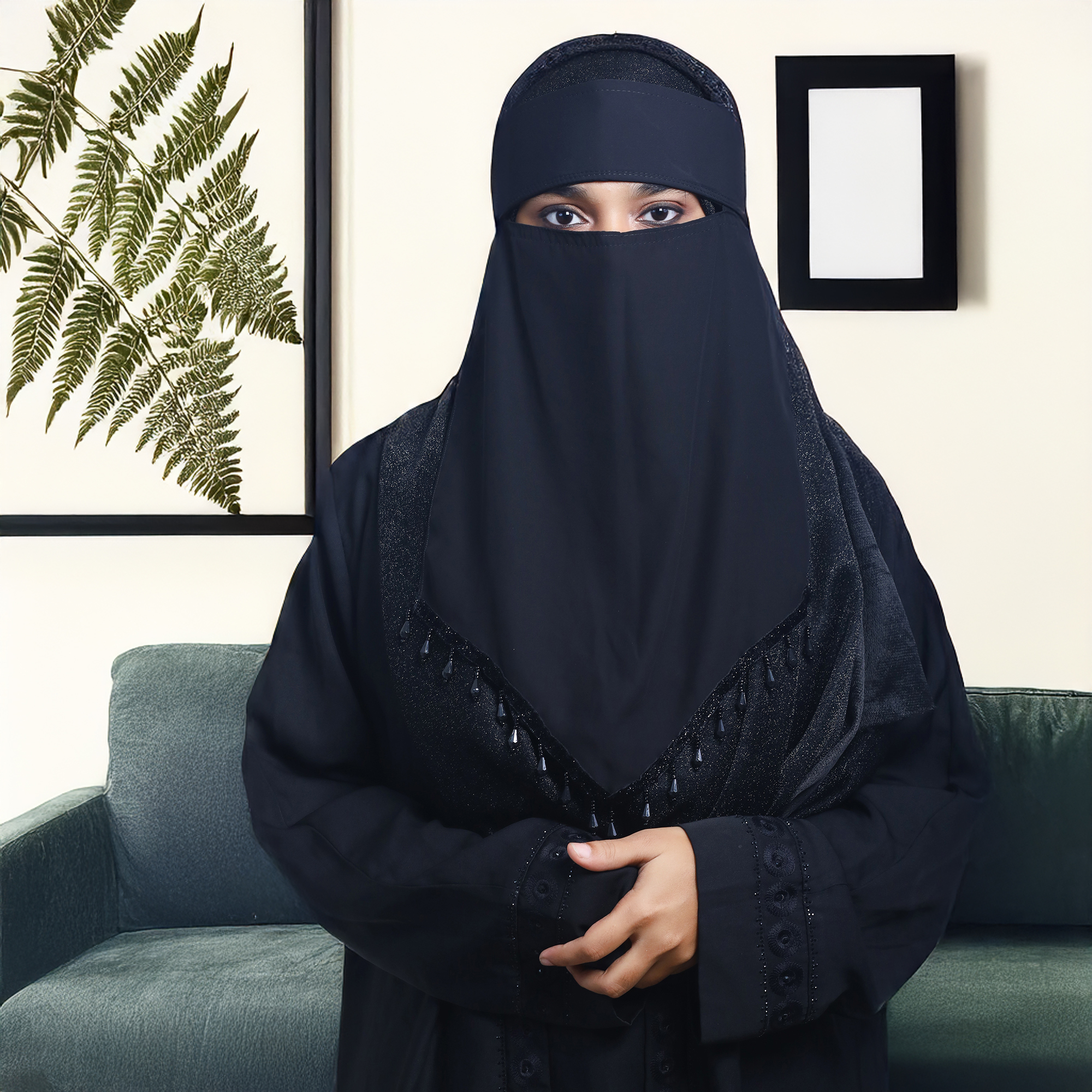 Stylish Single Layer Niqab with Sequins & Beads | Triangle Shaped | Trendy, Comfortable, Easy-to-Wear Design for Women