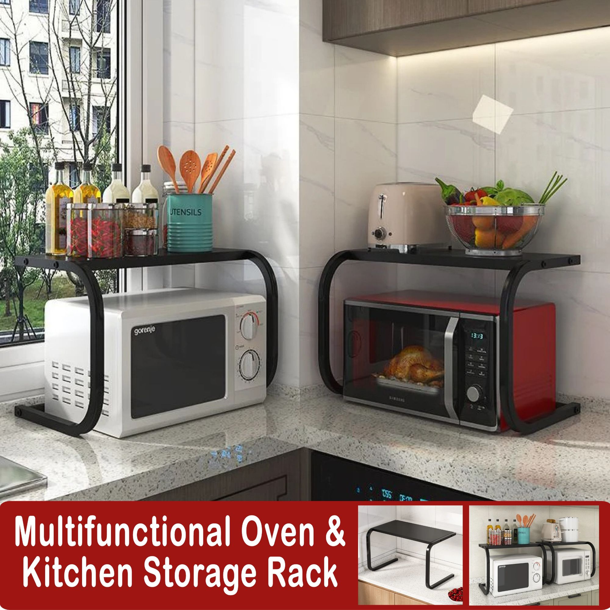 Microwave Oven Rack Multifunctional Kitchen Shelf Space Saving Storage Rack Rice Cooker Rack. 