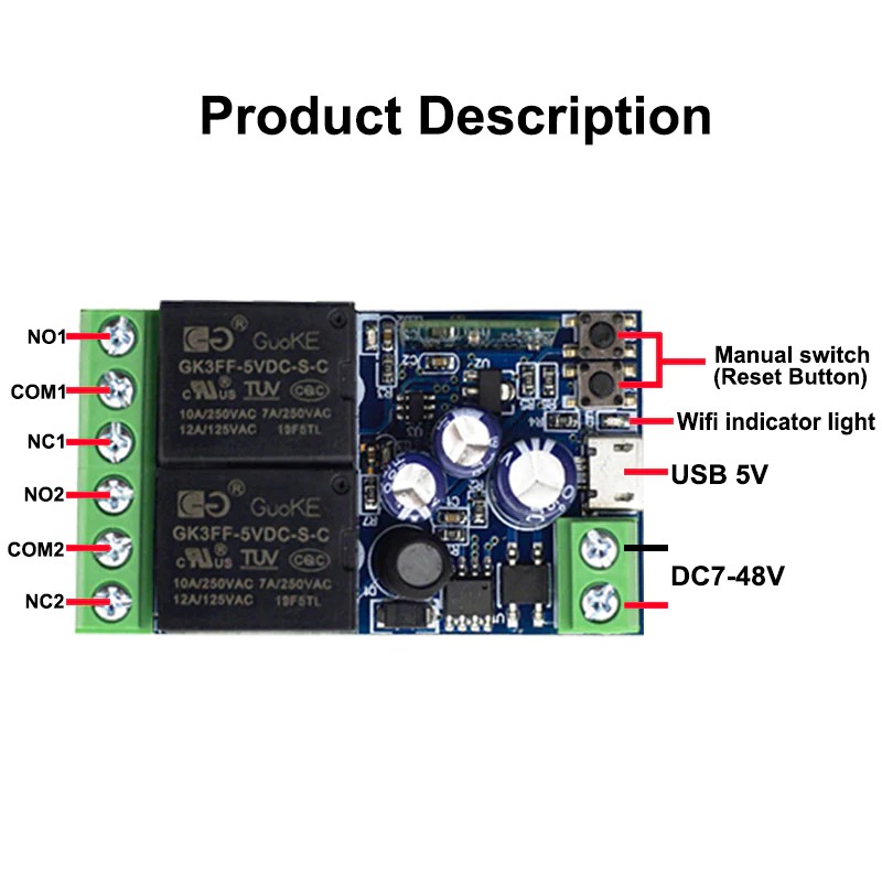 EWeLink WIFI Smart Switch DC 12V 24V 48V Module 2 Channel Relay Receiver 2.4GHz Remote Control Work with Alexa,for Gate Door Led. 