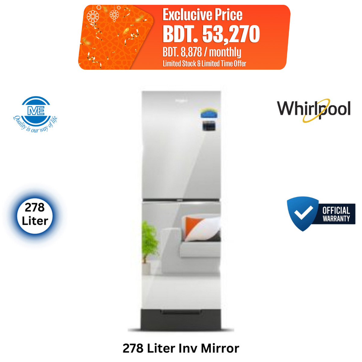 WHIRLPOOL 278 Liter Premium Mirror Glass Design Energy Saving Refrigerator FreshMagic Pro GD Inv Mirror With Free Delivery and Official Warranty