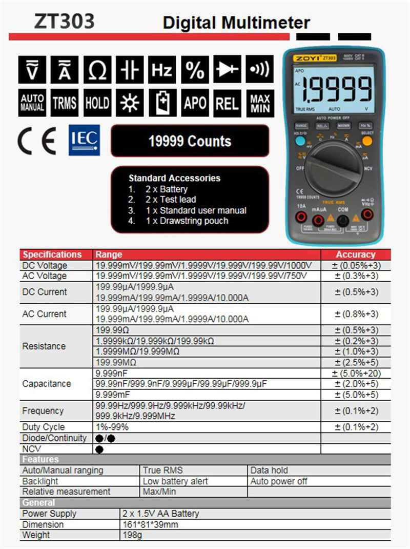 ZOYI ZT302 ZT303 Digital Multimeter 8000 19999 Counts True RMS Multifunction AC/DC Voltage Temperature Capacitance Tester DMM. 