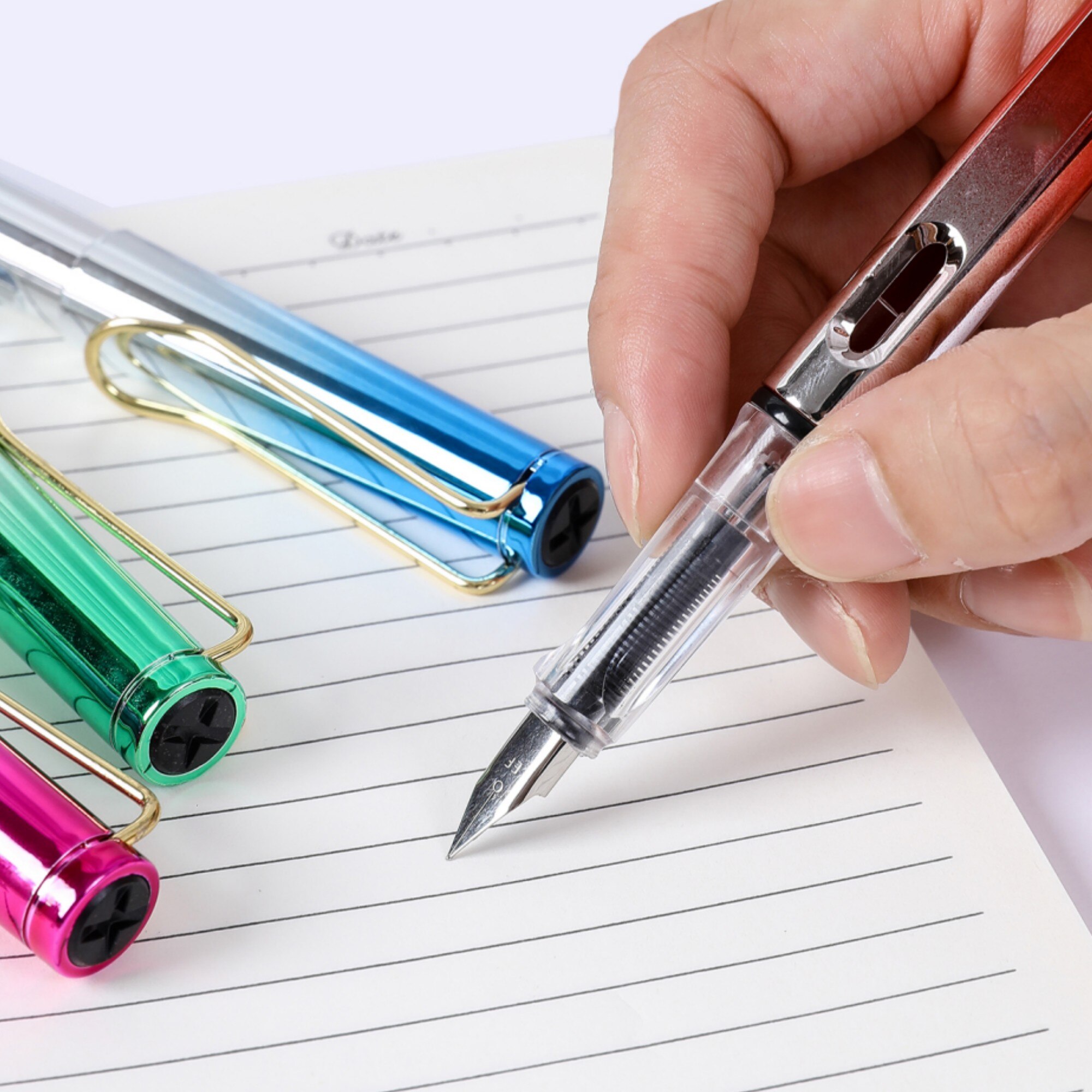 1 Pce Fountain Pen with 4 Replacable Black Ink Set EF 0.5MM Nib Writing Pens Fashion Gradient Color School Office Supplies. 