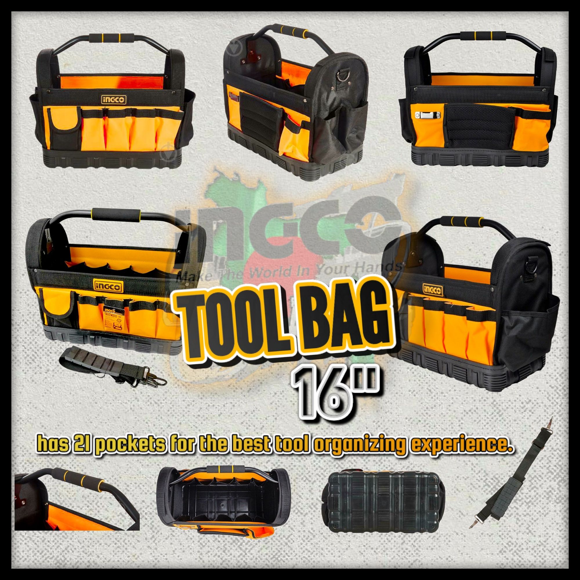 INGCO Tool Bag with 21pcs Pockets for tools and 1pcs Hanger for measuring tape HTBGL01. 