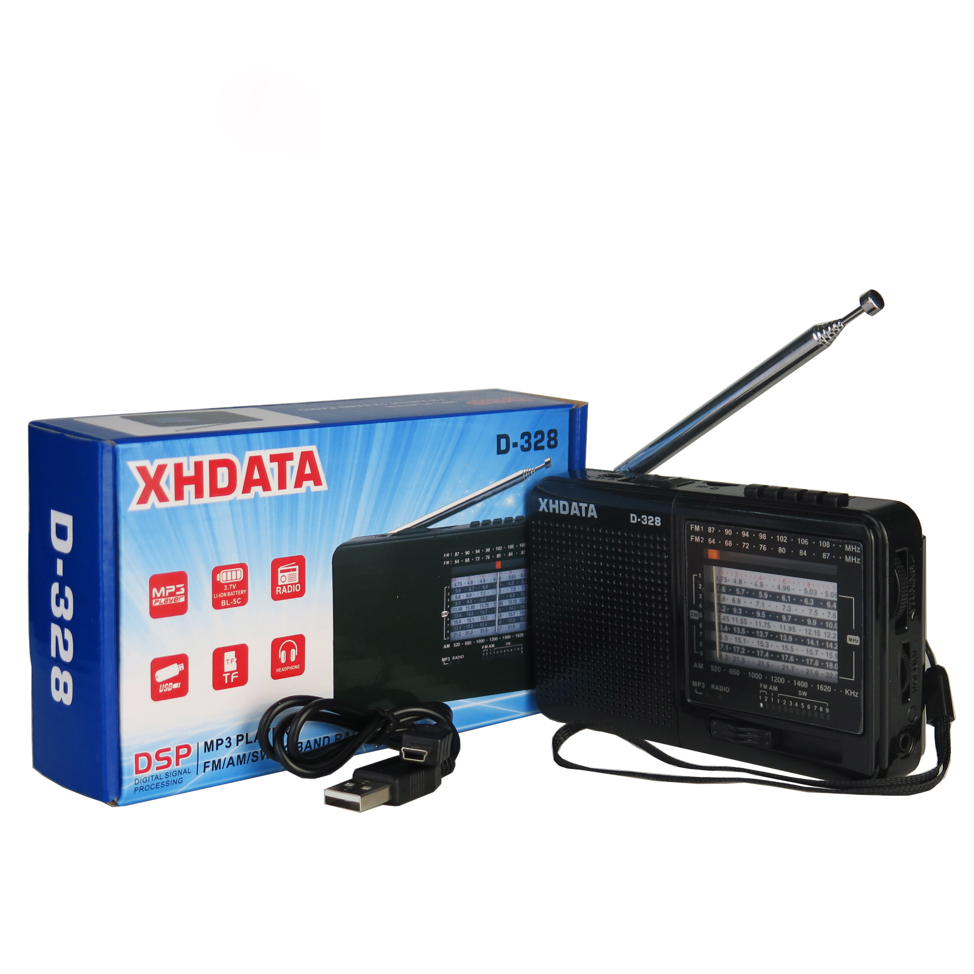 XHDATA D-328 12-Band Portable Radio AM/FM/SW DSP Technology MP3 Player TF Card Slot USB Mini FM Receiver with Bluetooth Radio. 
