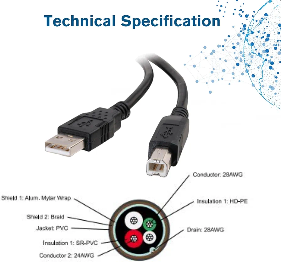 USB Cable, USB 2.0 Cable, USB A to B Cable,   (3 Meters), Black, Cables. 