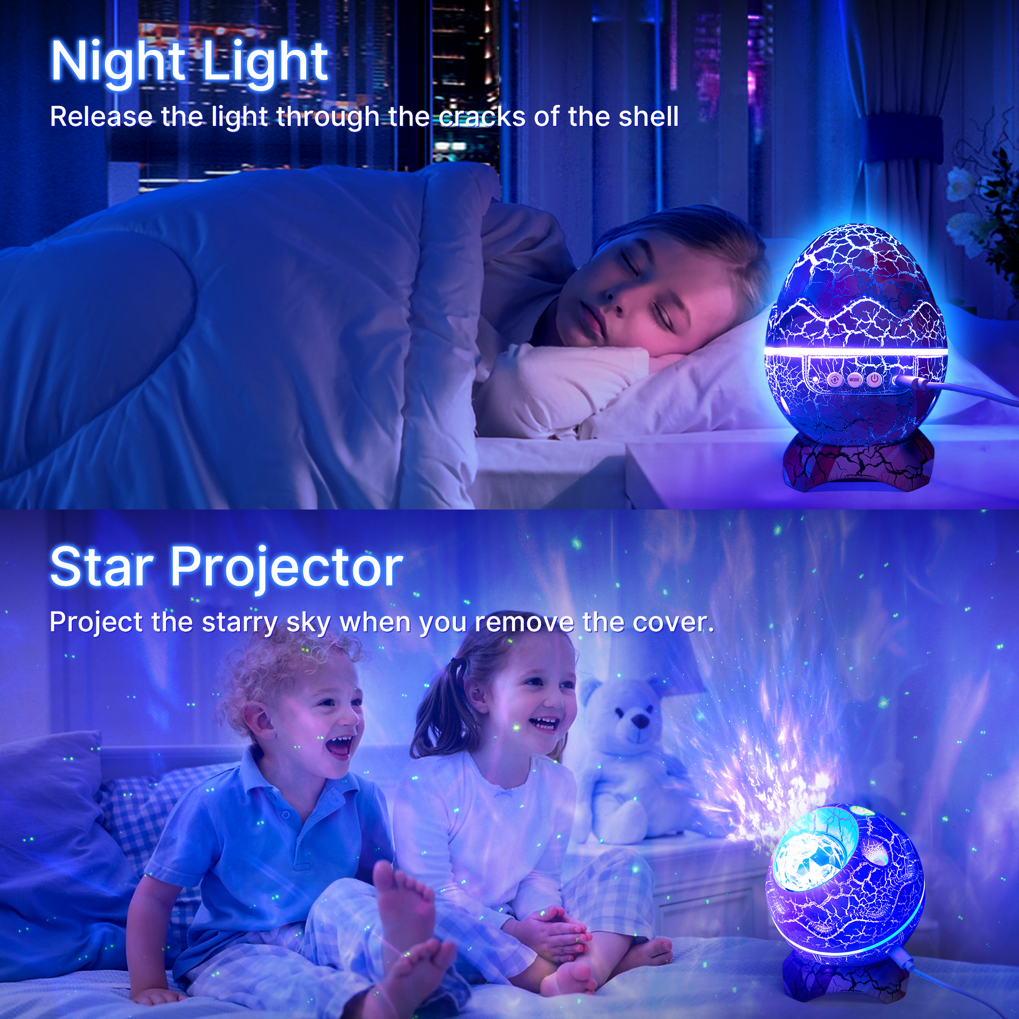 Dinosaur Egg Galaxy Star Projector Starry Light ,360° Rotation Night Light Projector with Remote White Noise Timer BT. 