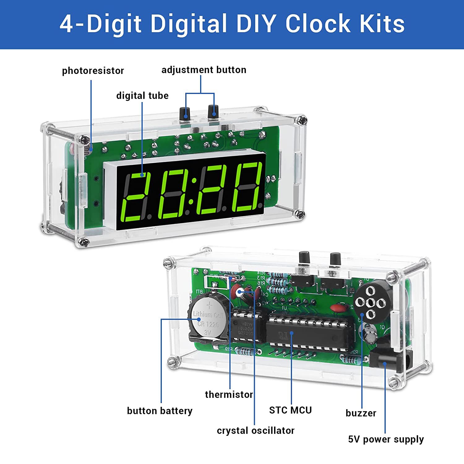 TJ-56-428 4-Digit Digital DIY Clock Kits with Acrylic Shell, DIY Alarm Clock Soldering Practice Kit for Learning Electronics. 