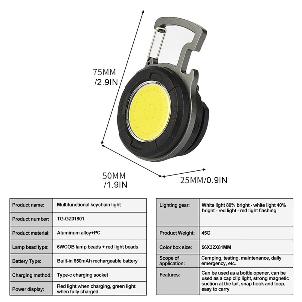 Portable COB Keychain Flashlight LED Mini Work Lights Floodlight Type C Rechargeable Bottle Opener Outdoor Camping Light. 