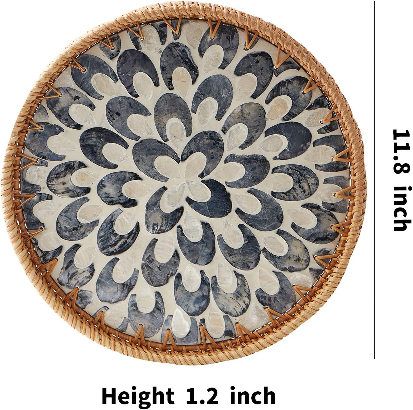 Round Rattan Tray with Mother of Pearl Inlay Rattan Serving Tray Wooden Base Storage and Display of Coffee Bread Food Fruit. 