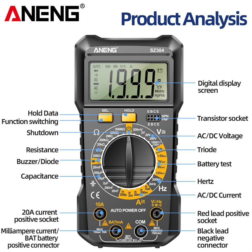 ANENG SZ304 Multifunction Digital Multimete True RMS Handheld High Precision Tester NCV AC/DC Votage Current Resistance Ohm Tool. 