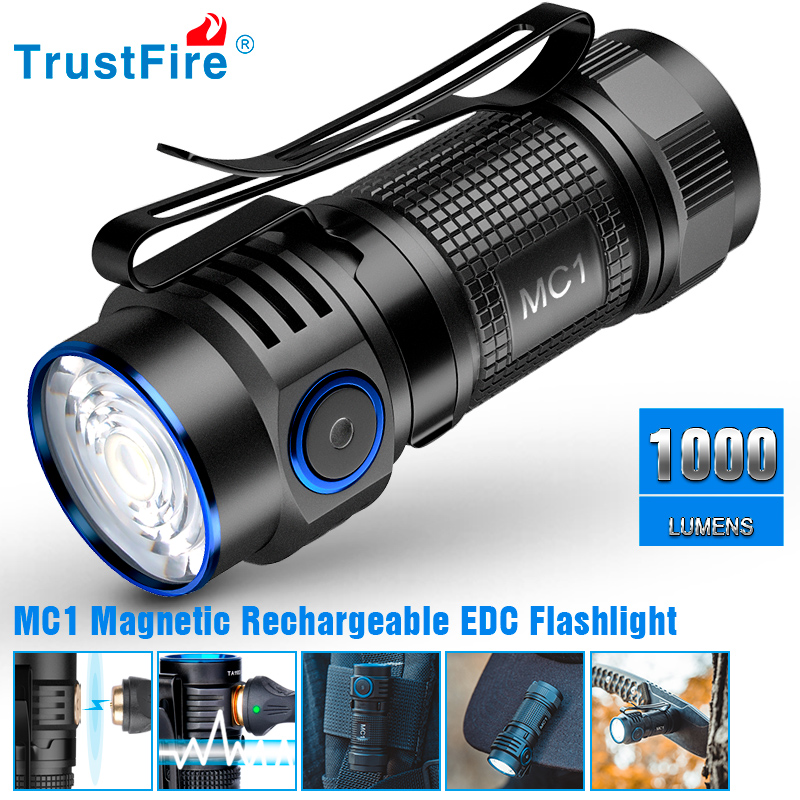 Trustfire MC1 Usb Rechargeable Flashlight 1000Lumen EDC LED Lamp Magnetic 2A Fast Charging Work Torch Light with Magnet Lantern. 