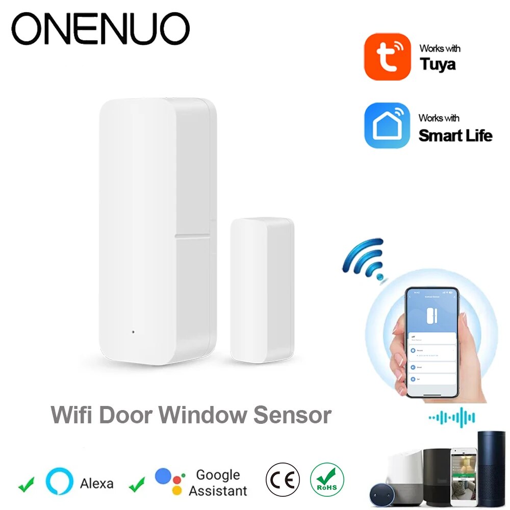 ONENUO Tuya Smart WiFi Door Sensor Open Close Detector Smartlife App Control Notification Compatible with Alexa Google Home. 