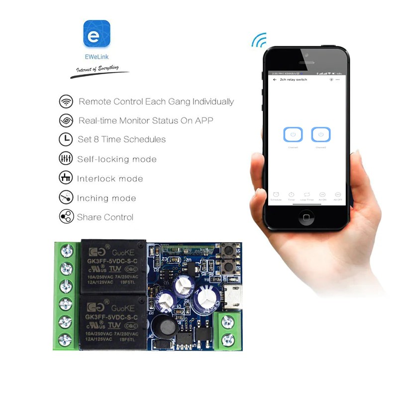 EWeLink WIFI Smart Switch DC 12V 24V 48V Module 2 Channel Relay Receiver 2.4GHz Remote Control Work with Alexa,for Gate Door Led. 