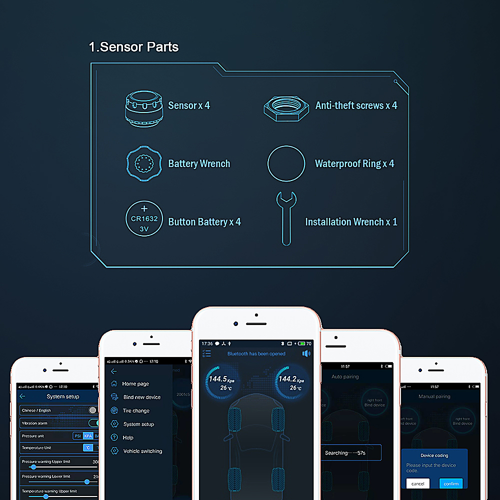 LEEPEE Bluetooth 4.0 5.0 Alarm Tire Pressure Sensors Android iOS BLE Tester Car TPMS Universal Tyre Pressure Monitoring System. 