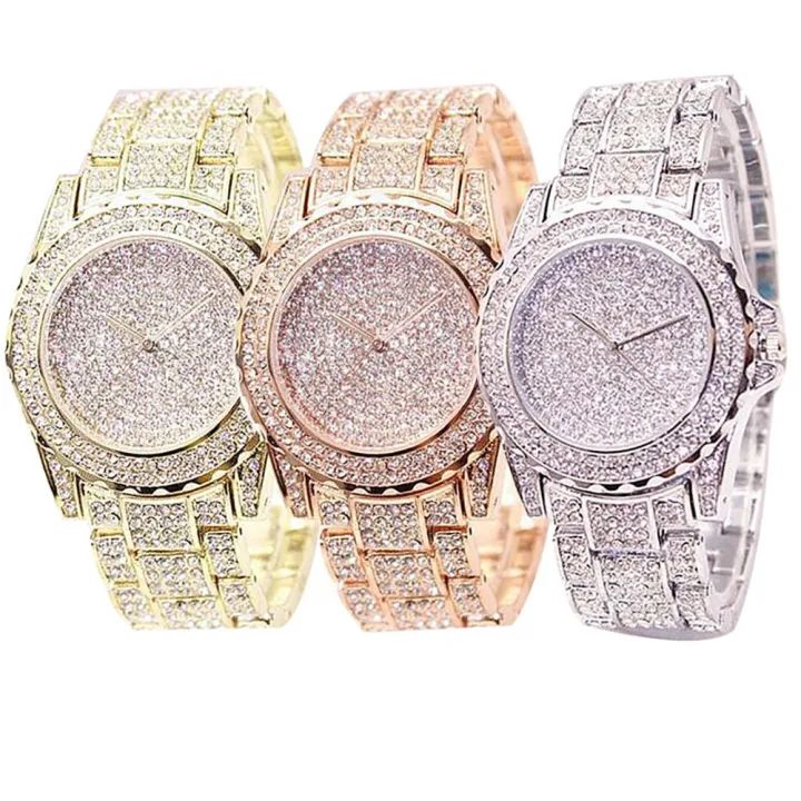 Carat Women Luxury Full Shiny Rhinestone Round Quartz Movement Wrist Watch