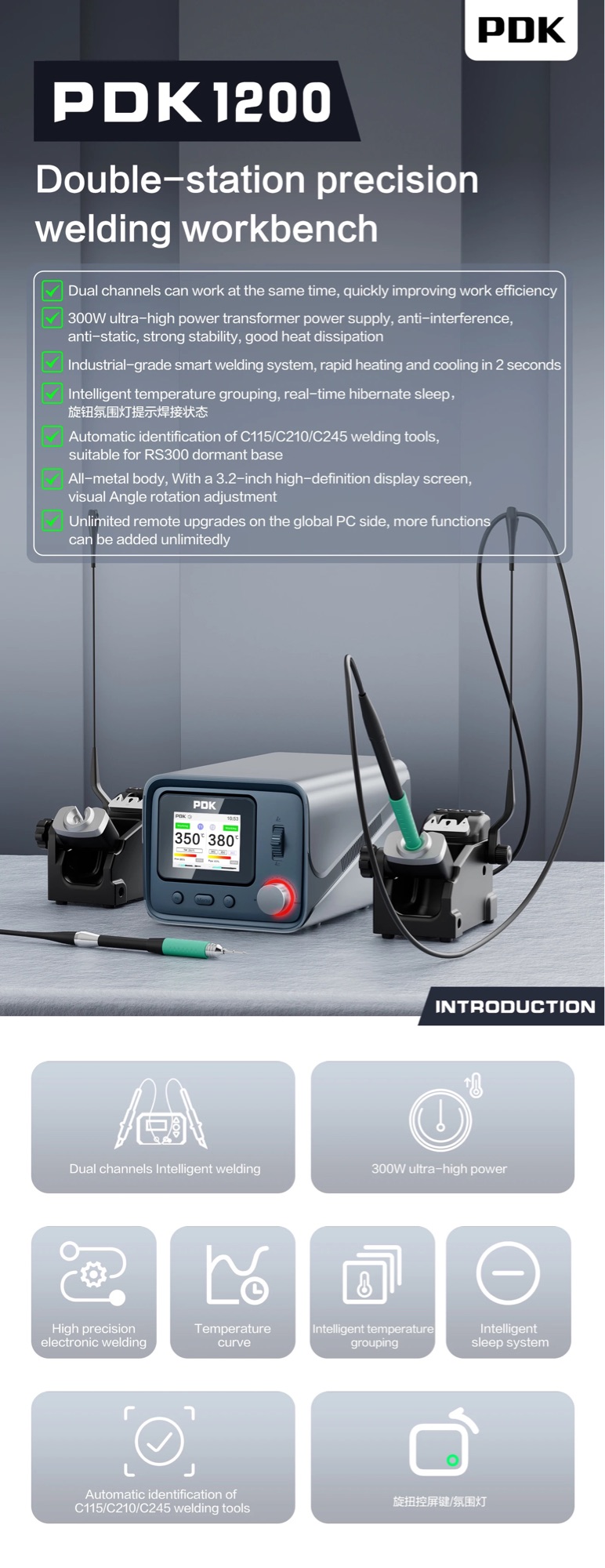 Wrcibo PDK1200 Soldering Station Compatible With C210/C245/C115 Handle And Tips Control Temperature For BGA PCB Repair Welding