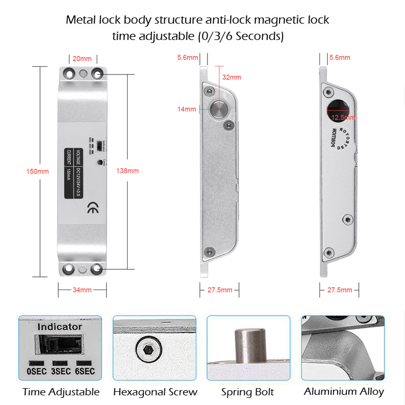 Electric Mortise Locks Drop Bolt Lock DC12V Smart Electronic with Adjustable Time Delay Fail Safe Mode for Access Control. 