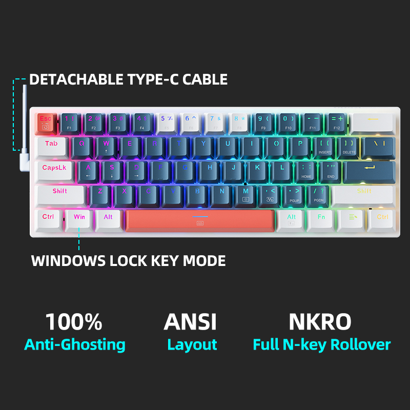 Machenike K500-B61 Mini Mechanical Keybaord 60% Form Factor 61Keys Gaming Keybaord Wired Full Key Hot-Swappable RGB Backlit. 