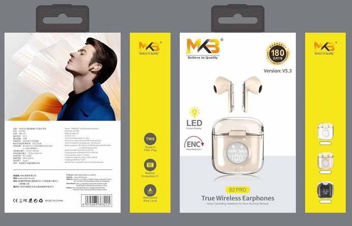 MKB S2 Pro ENC True Wireless Earbuds Bluthooth Headphone With LED -Fiction Tech. 