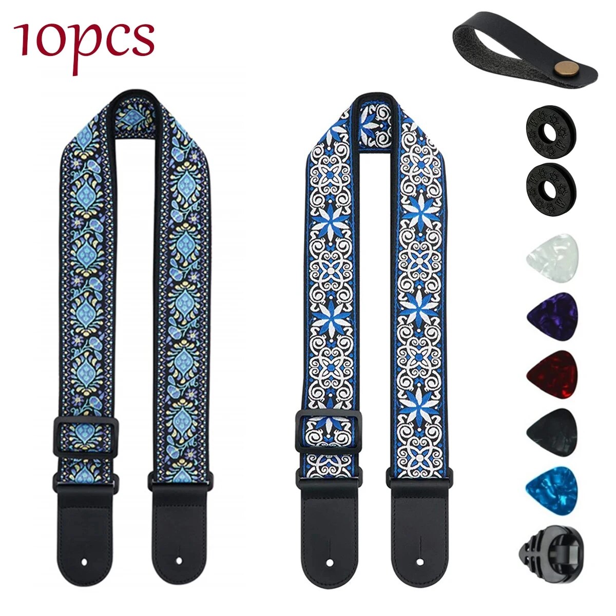 10Pcs Guitar Strap, Electric Guitars and Bass, Jacquard Weave Embroidered Adjustable Strap Includes 5 Picks and Pick Pocket