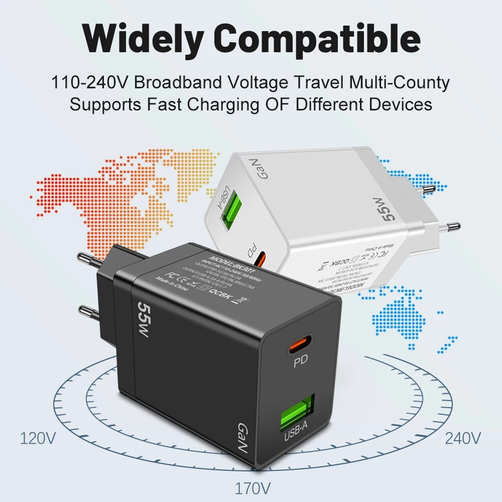 55W USB C PD Korea GaN Charger QC3.0 Fast Charging KR Plug For iPhone 15 14 Pro Max iPad Xiaomi Samsung S23 POCO. 