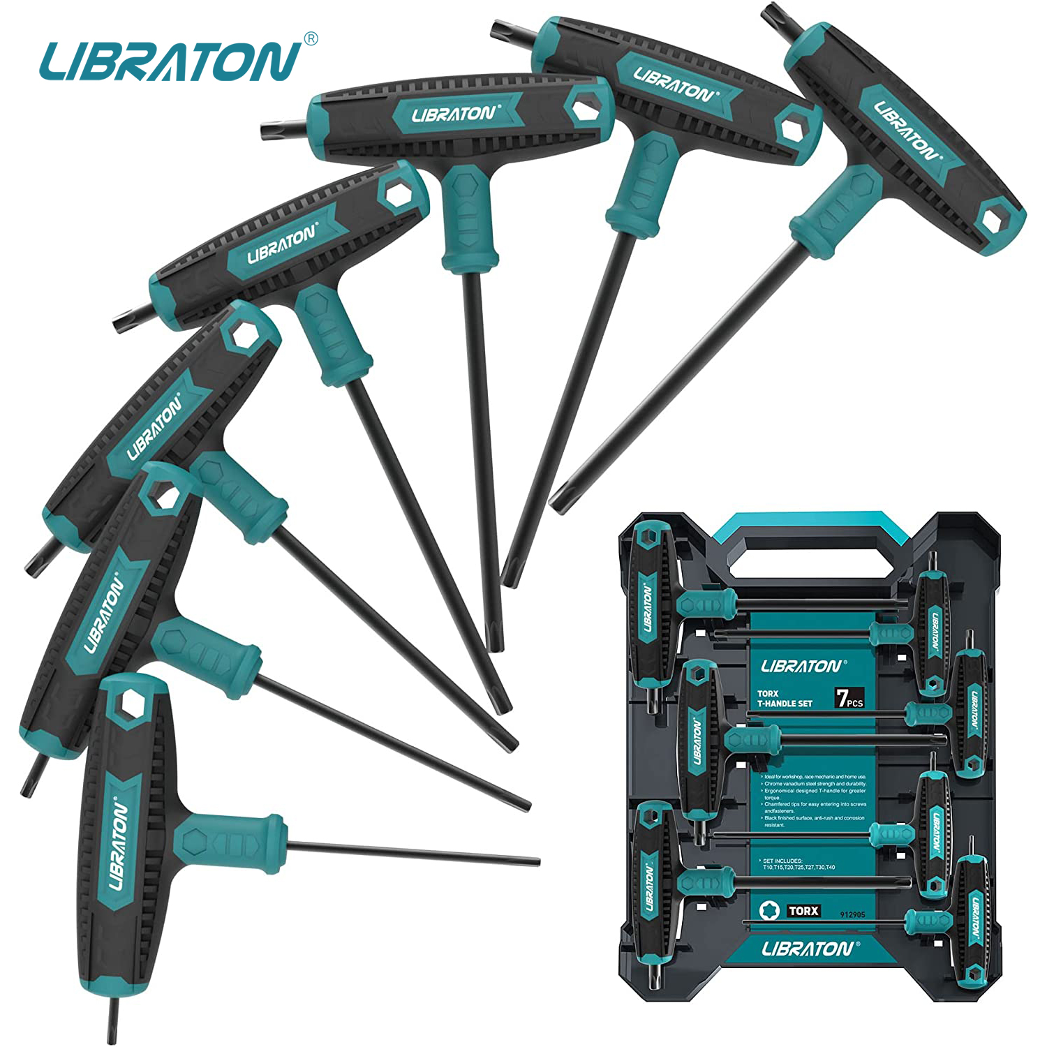 Libraton 7Pcs T-Handle Torx Key Set T Handle Wrench Set, Two-tip Design, T10-T40, Suitable for Torx Screws Auto Bike Repair Tool. 