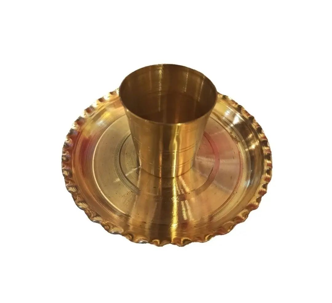 " Puja Plate and Glass Pure Kasha Brass Metal 1 Set