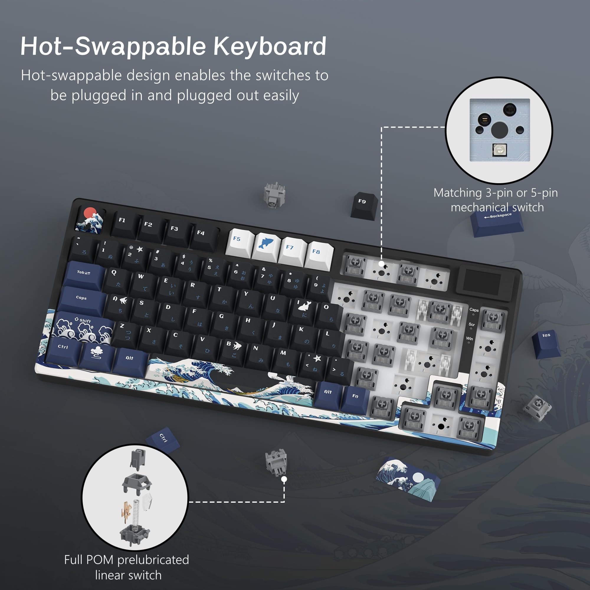 Wired Mechanical Gaming Keyboard with OLED Display Full Key Hot-Swappable Pudding RGB Backlit Keyboard for PC Computer Laptop. 