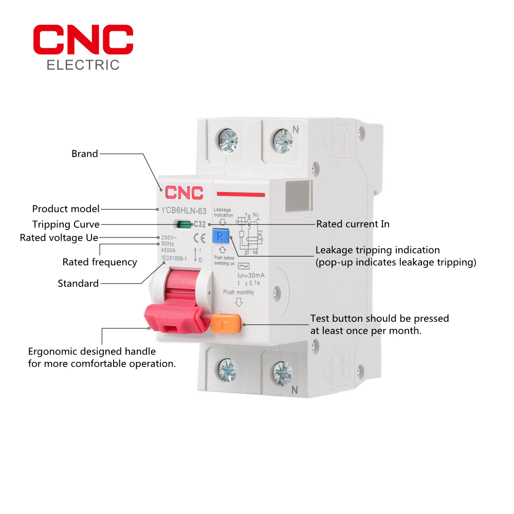 CNC 230V 50/60 HZ RCBO MCB 30mA Residual Current Circuit Breaker With Over Current And Leakage Protection 6/10/16/20/25/32/40 A. 