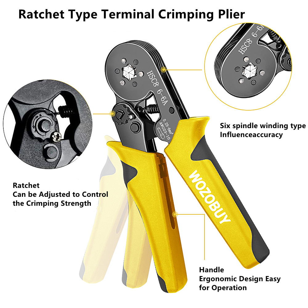 Ferrule Crimping Tool Kit, HSC8 6-6A/6-4A Self-Adjusting Crimping Pliers+Stripper | Square & Hexagonal Crimper for Terminal. 