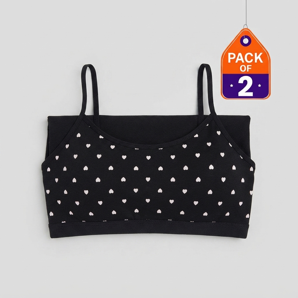 Pack of 2 & 1 Bra - vest for girls and women | Bra Vest  | Bra For Girls | Half Camisole | Cotton Bra | Adjustable | Heart Printed | Bra Vest Multiples pack