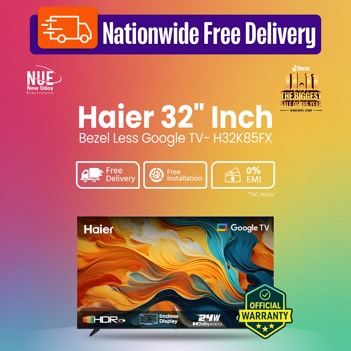 Haier 32 Inch Bezel Less Google TV 📺 H32K85FX With Official Warranty with 0% EMI Delivery Free with Free Delivery