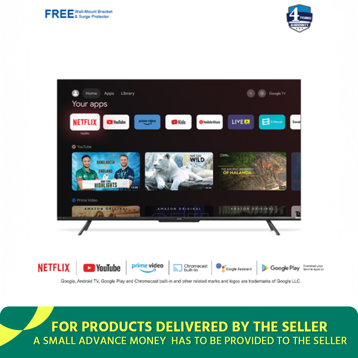 Vision 43 Inch Google TV Smart Android Wi-Fi In built Far Field Voice Control  Led TV ( RN1 Galaxy Pro ) with Google As Official Warranty 4 Years Panel And Parts