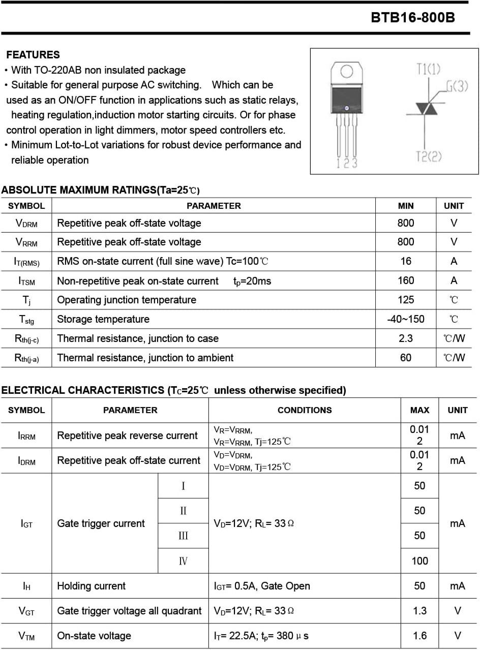  BTB16-800 TO-220 Triac 2 Pcs 800V 16A AC Voltage Regulator For AC Switching Infrared Cooker Fan Regulator Light Dimmer. 
