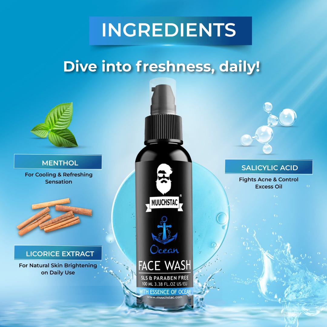 Muuchstac Ocean Face Wash for Men | Fight Acne & Pimples, Brighten Skin, Clears Dirt, Oil Control, Refreshing Feel - Multi-Action Formula | 100 ml Ocean Foam Face Wash For Men Deep Cleansing Fighting Acne & Pimple Skin Brightening 100ml Muuchstac Ocean Fo. 