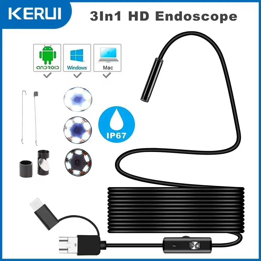 7MM Android Endoscope Camera 3 IN1 Micro USB Type C Borescope Mini Camera Waterproof LED Car Inspection PC