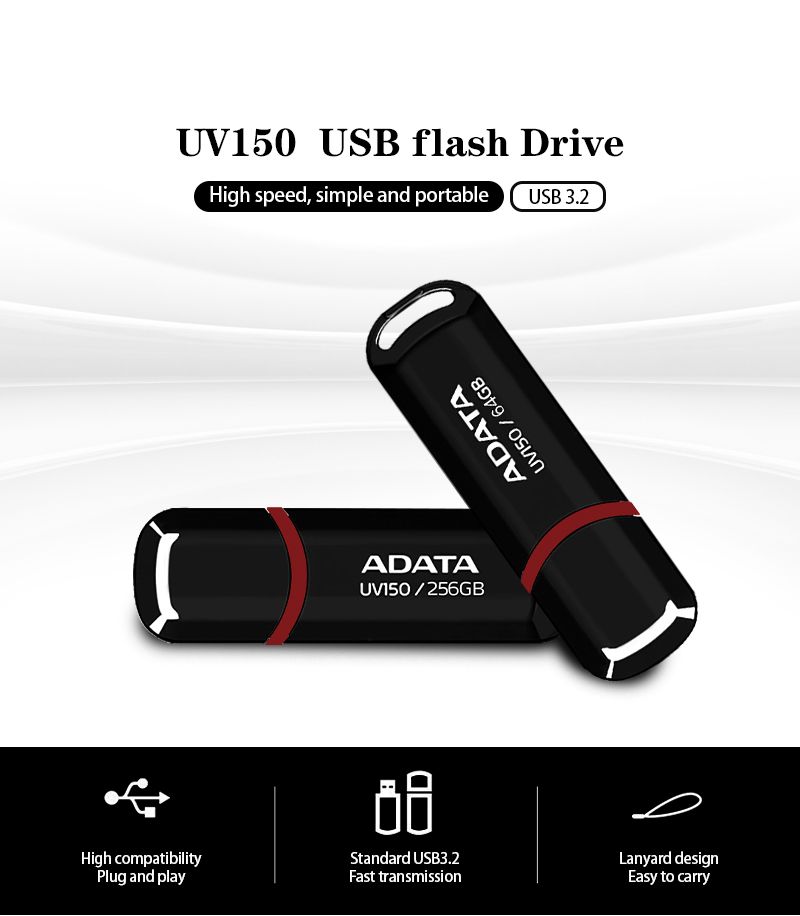 Original ADATAA UV150 USB3.2 High-speed Flash Usb Flash Drive Plug And Play Easy Portable USB Flash Drive Black 64GB. 